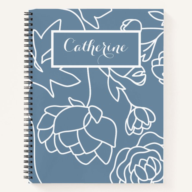 Blue Floral Pastel Elegant Line Art Flowers  Notebook (Front)