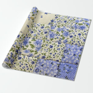 blue floral patchwork quilt wrapping paper