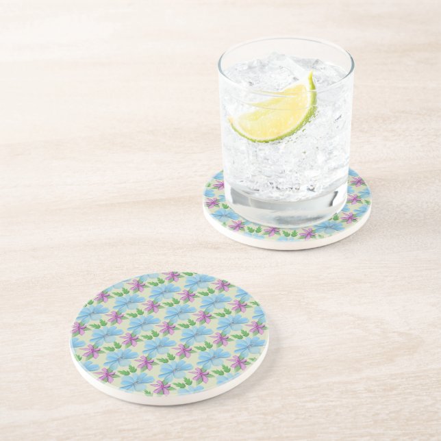 Blue Floral Pattern Aesthetic | Watercolor Flower  Coaster (Side)