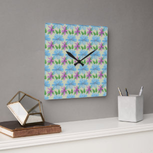 Blue Floral Pattern Aesthetic Watercolor Flower Square Wall Clock