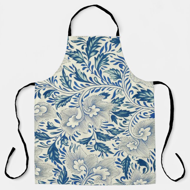 Blue Floral Pattern Antique Asian Design Apron (Front)