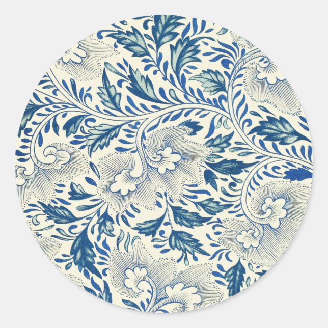 Blue Floral Pattern Antique Asian Design Classic Round Sticker (Front)