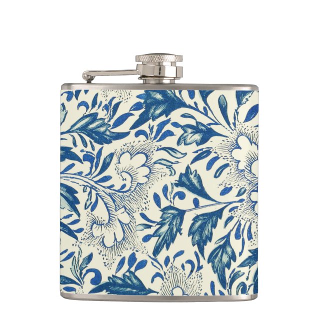 Blue Floral Pattern Antique Asian Design Hip Flask (Front)