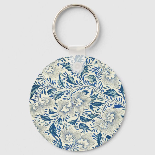 Blue Floral Pattern Antique Asian Design Key Ring (Front)