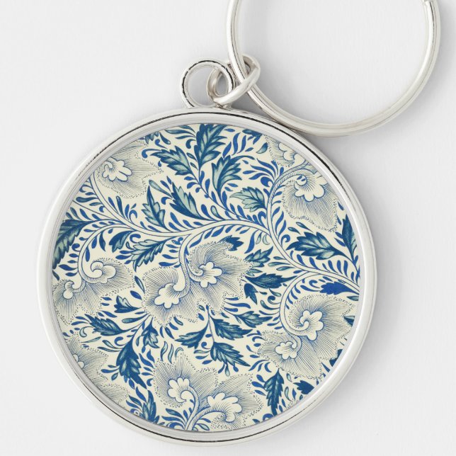 Blue Floral Pattern Antique Asian Design Key Ring (Front)