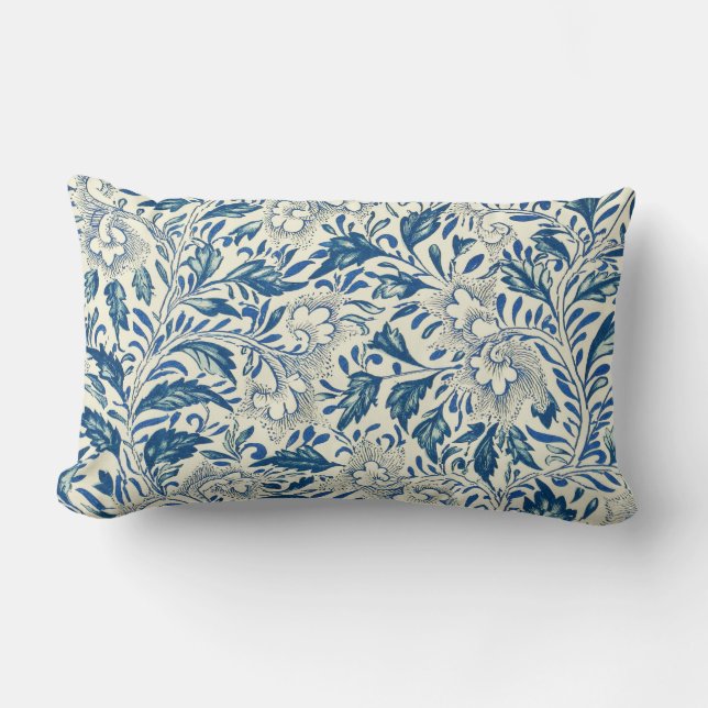 Blue Floral Pattern Antique Asian Design Lumbar Cushion (Front)