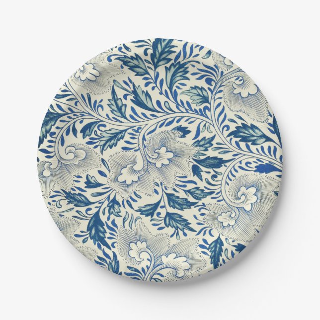 Blue Floral Pattern Antique Asian Design Paper Plate (Front)