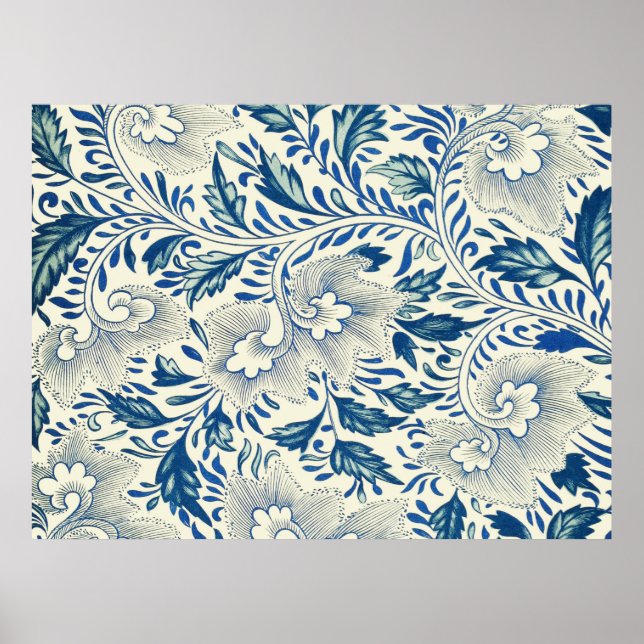 Blue Floral Pattern Antique Asian Design Poster (Front)