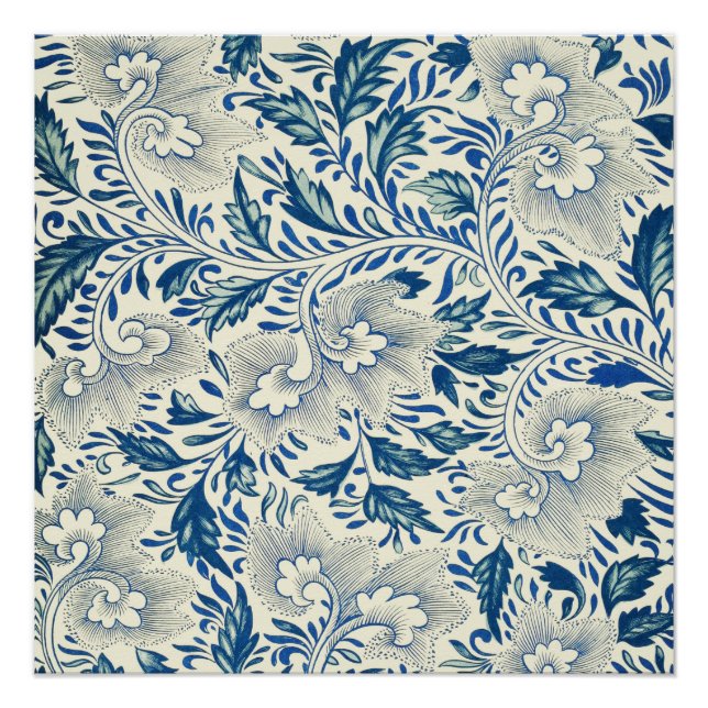 Blue Floral Pattern Antique Asian Design Poster (Front)