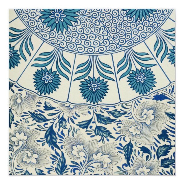 Blue Floral Pattern Antique Asian Design Poster (Front)