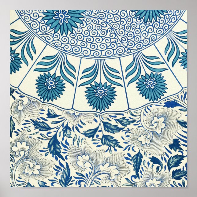 Blue Floral Pattern Antique Asian Design Poster (Front)