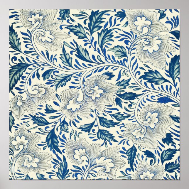 Blue Floral Pattern Antique Asian Design Poster (Front)