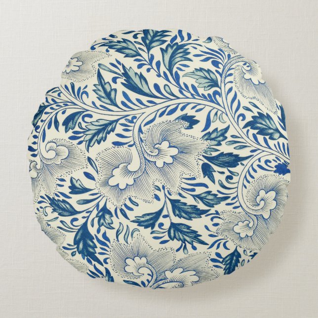 Blue Floral Pattern Antique Asian Design Round Cushion (Front)