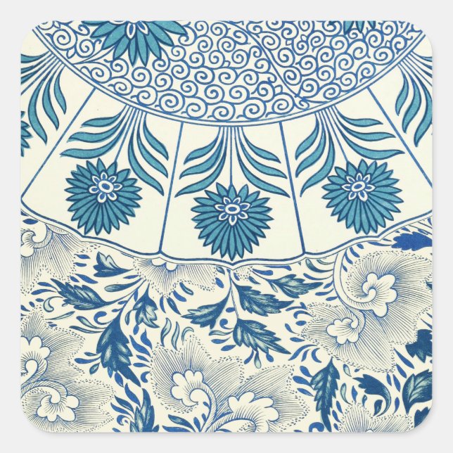 Blue Floral Pattern Antique Asian Design Square Sticker (Front)