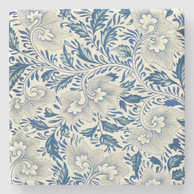 Blue Floral Pattern Antique Asian Design Stone Coaster (Front)