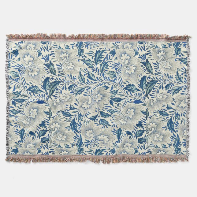 Blue Floral Pattern Antique Asian Design Throw Blanket (Front)