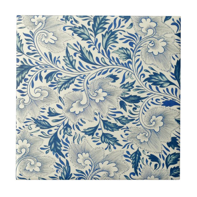 Blue Floral Pattern Antique Asian Design Tile (Front)