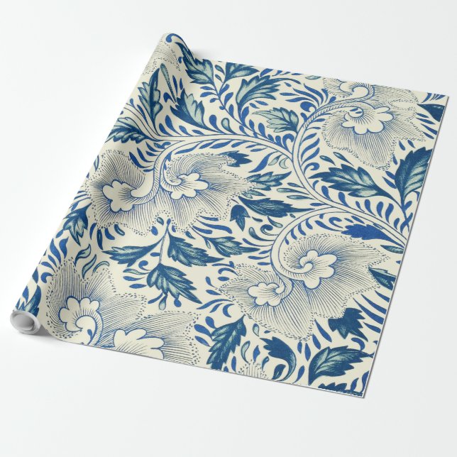 Blue Floral Pattern Antique Asian Design Wrapping Paper (Unrolled)
