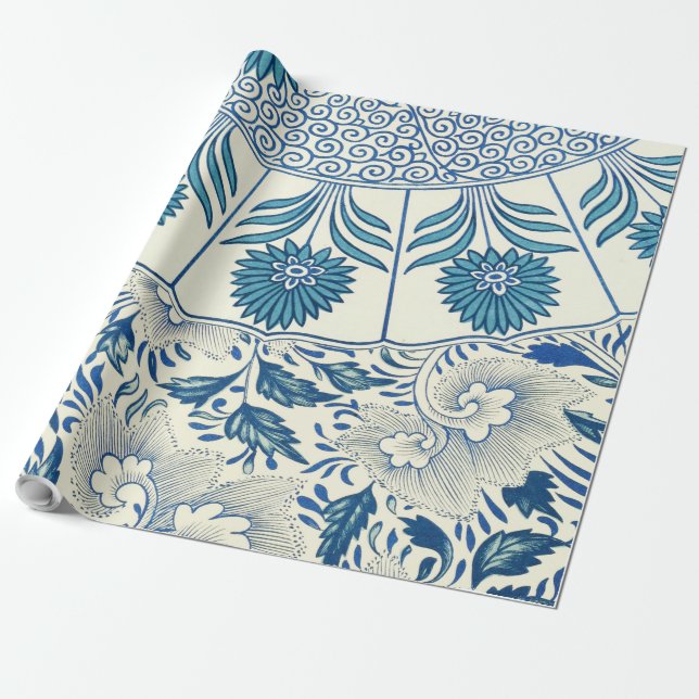 Blue Floral Pattern Antique Asian Design Wrapping Paper (Unrolled)