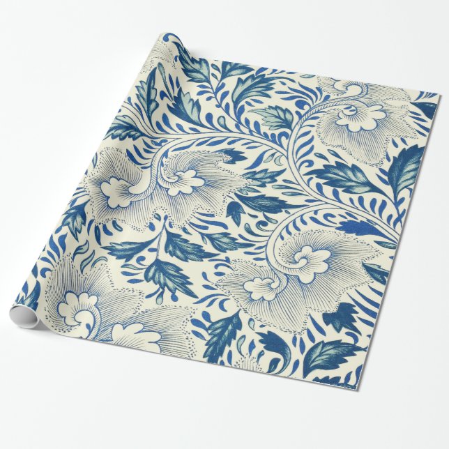 Blue Floral Pattern Antique Asian Design Wrapping Paper (Unrolled)