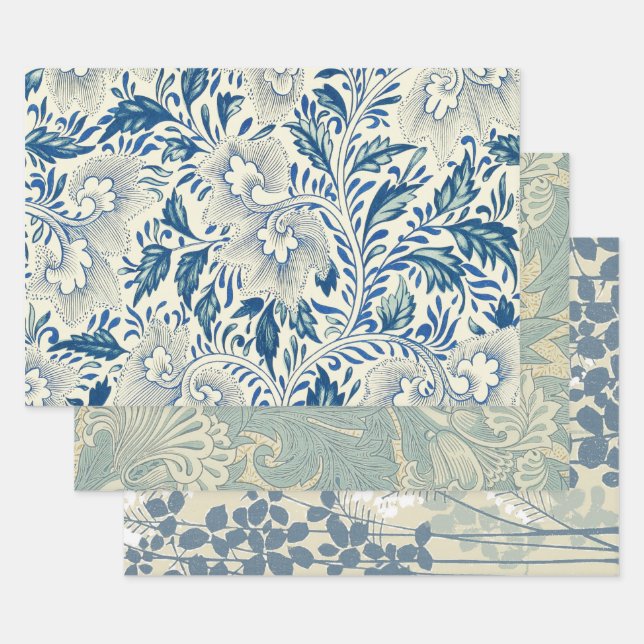 Blue Floral Pattern Antique Asian Design Wrapping Paper Sheet (Set)