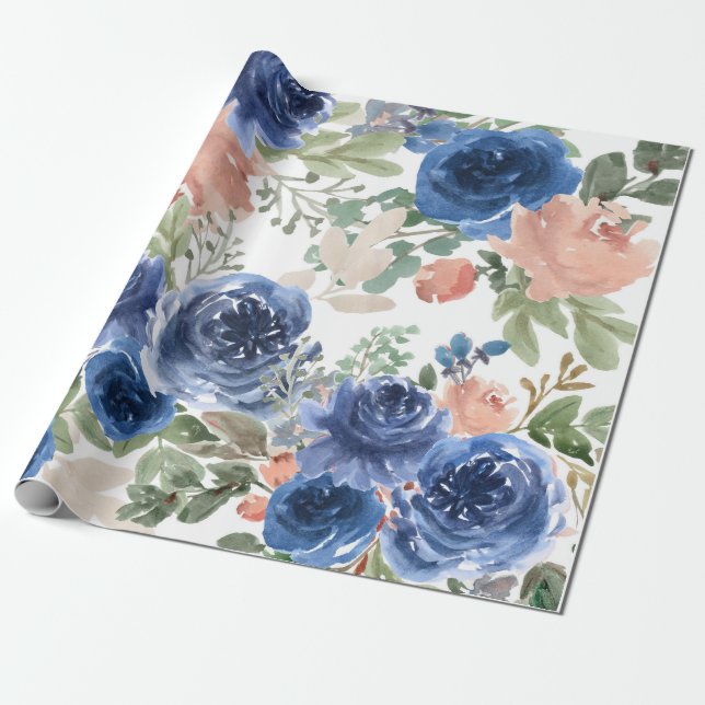Blue Floral Pattern, Artistic Watercolor Wrapping Paper (Unrolled)