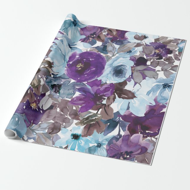 Blue Floral Pattern, Artistic Watercolor Wrapping Paper (Unrolled)
