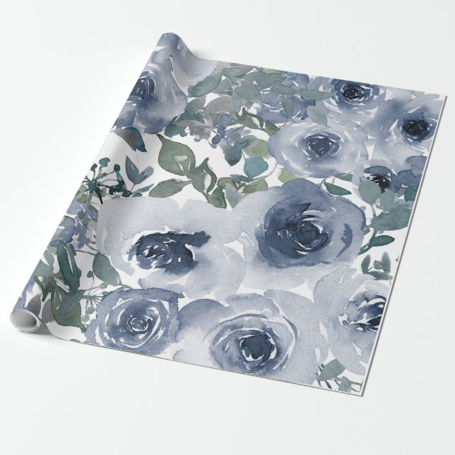 Blue Floral Pattern, Artistic Watercolor  Wrapping Paper (Unrolled)