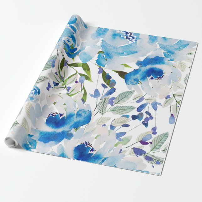 Blue Floral Pattern, Artistic Watercolor Wrapping Paper (Unrolled)