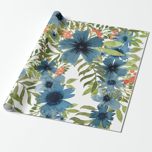 Blue Floral Pattern, Artistic Watercolor Wrapping Paper (Unrolled)