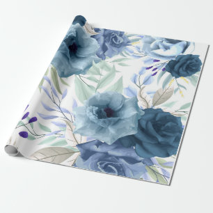 Blue Floral Pattern, Artistic Watercolor Wrapping Paper