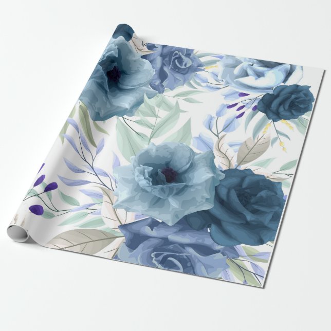 Blue Floral Pattern, Artistic Watercolor Wrapping Paper (Unrolled)