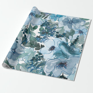 Blue Floral Pattern, Artistic Watercolor  Wrapping Paper