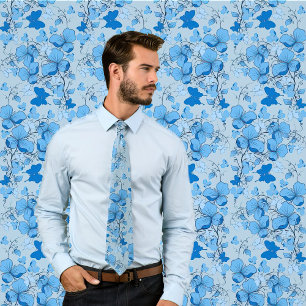 Blue Floral Pattern Design Necktie- Weddings/Groom Tie