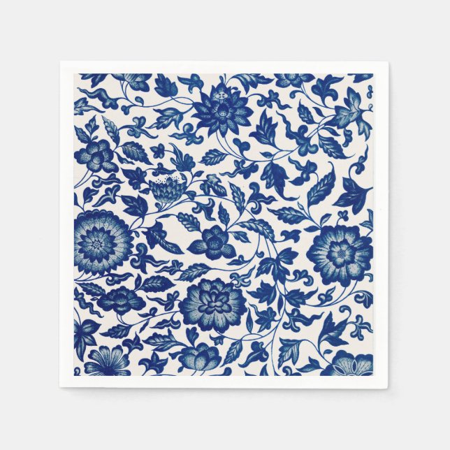 Blue Floral Pattern – Elegant Cocktail Party Paper Napkin (Front)