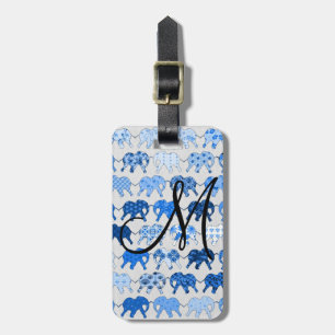 Blue Floral Pattern Elephants Monogram Luggage Tag