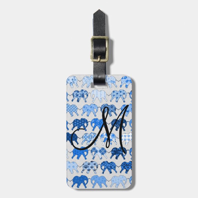Blue Floral Pattern Elephants Monogram Luggage Tag (Front Vertical)