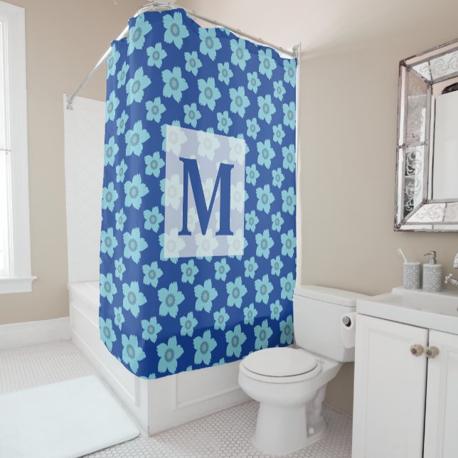 Blue Floral Pattern Monogram  Shower Curtain (In Situ)