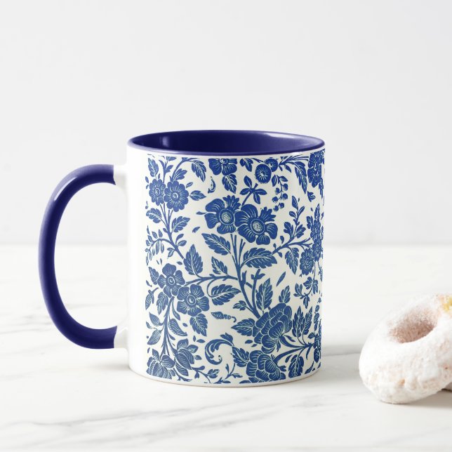 Blue Floral Pattern Mug (With Donut)
