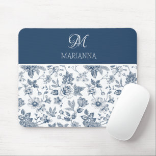 Blue Floral Pattern & Name Personalised  Mouse Mat