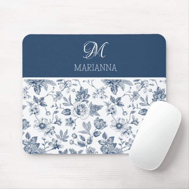 Blue Floral Pattern & Name Personalised  Mouse Mat (With Mouse)