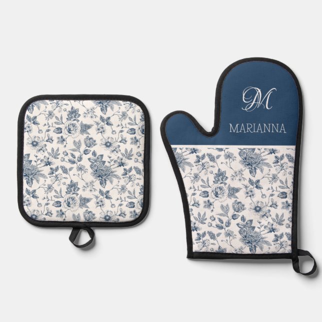 Blue Floral Pattern & Name Personalised  Oven Mitt & Pot Holder Set (Front)