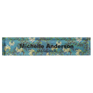 Blue Floral Pattern Professional Manager Modern Nameplate