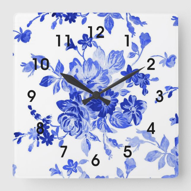 Blue Floral Pattern Square Wall Clock (Front)