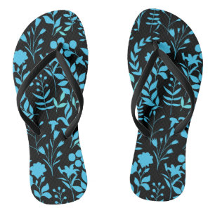 Blue Floral pattern.ST01 Black BG Flip Flops