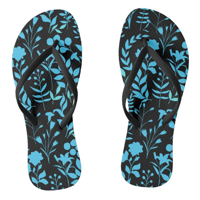 Blue Floral pattern.ST01 Black BG Flip Flops (Footbed)
