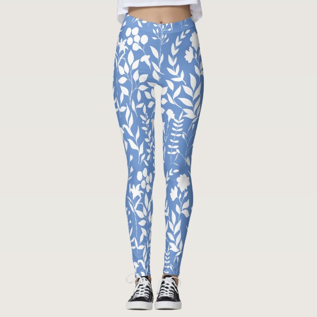 Blue Floral pattern.ST02. white L Blue BG Leggings (Front)