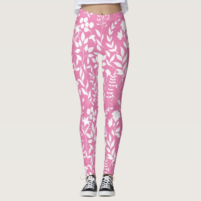 Blue Floral pattern.ST02. white Pink BG Leggings (Front)