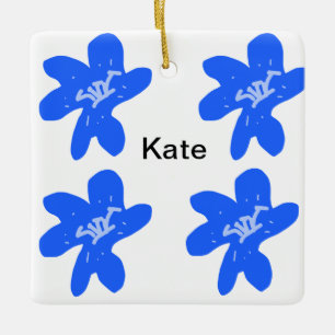 Blue floral pattern watercolor add name text ceramic ornament