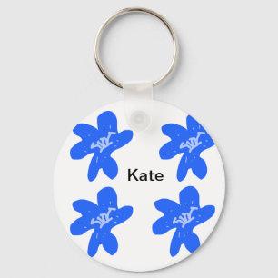 Blue floral pattern watercolor add name text key ring